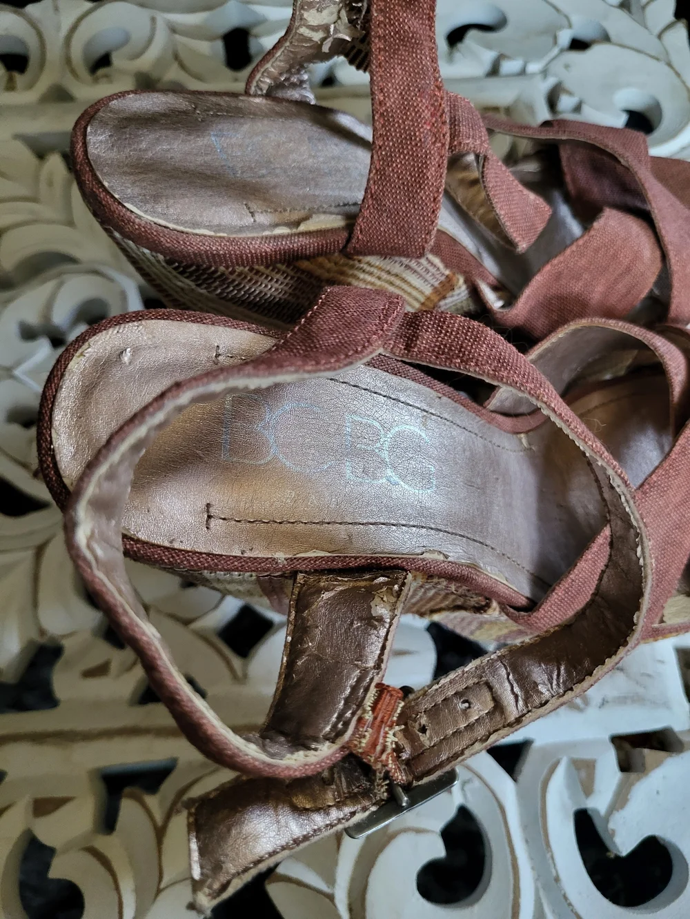 BCBG Rust and Multi-Stripe Platform Wedge Sandals